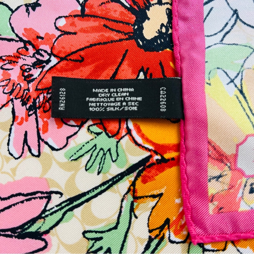 Coach Signature C Floral Print Scarf 26” Square Orange Yellow Pink Tan RN26128 - Picture 4 of 6